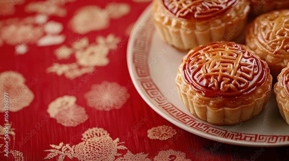Delectable Mid-Autumn Festival Moon Cakes on Red Background Delectable Mid-Autumn Festival Moon Cakes on Red Background