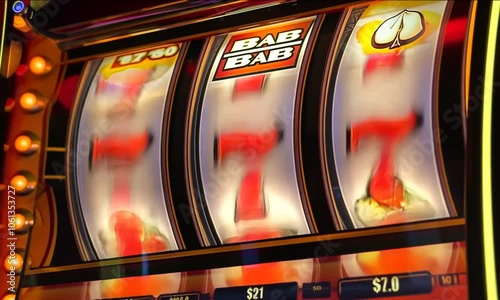 A close-up of a colorful slot machine displaying fruit symbols.
