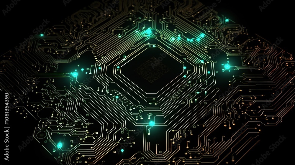 Glowing Neon Circuit Board Pattern on Black Background Glowing Neon Circuit Board Pattern on Black Background