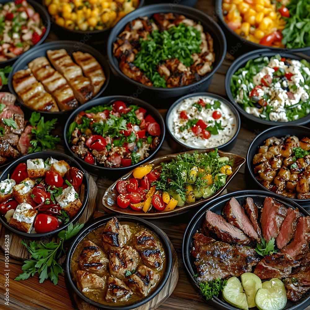 Juicy BBQ Beef Surrounded by an Assortment of Grilled Vegetables on a Rustic Platter, Highlighting the Best of Summer Cooking Juicy BBQ Beef Surrounded by an Assortment of Grilled Vegetables on a Rustic Platter, Highlighting the Best of Summer Cooking