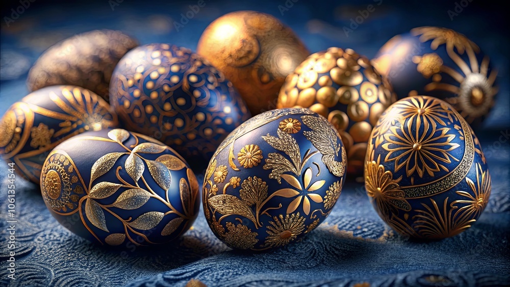 A Collection of Ornate Blue and Gold Eggs, Each with Intricate Floral Designs, Resting on a Textured Blue Surface A Collection of Ornate Blue and Gold Eggs, Each with Intricate Floral Designs, Resting on a Textured Blue Surface