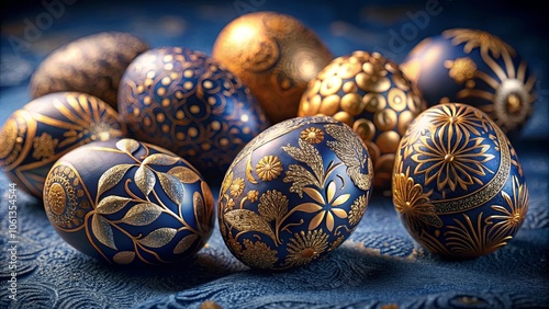 A Collection of Ornate Blue and Gold Eggs, Each with Intricate Floral Designs, Resting on a Textured Blue Surface