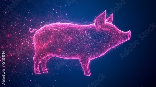 Digital Pig in Neon Lights on Dark Background