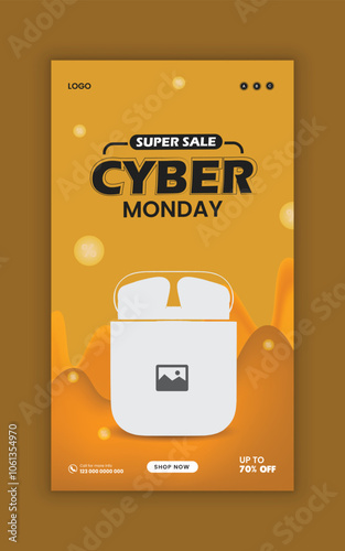 Cyber Monday super sale social media story banner template and Instagram advertising story post for new earbuds.
