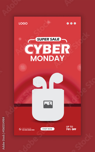 Cyber Monday super sale social media story banner template and Instagram advertising story post for new earbuds.