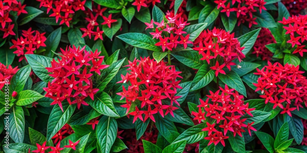 Fototapeta premium Aerial View of Vibrant Red Pentas Lanceolata in Blooming Garden - Egyptian Starcluster Flowering Plants, Nature's Beauty, Colorful Landscapes and Gardening Inspiration