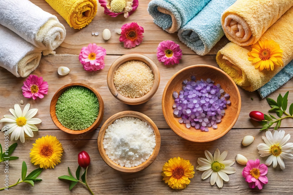 Aesthetic Spa Essentials: Bath Salts, Wooden Bowls, Rolled Towels, and Colorful Flowers in Serene Aerial Photography for Relaxation and Wellness Aesthetic Spa Essentials: Bath Salts, Wooden Bowls, Rolled Towels, and Colorful Flowers in Serene Aerial Photography for Relaxation and Wellness