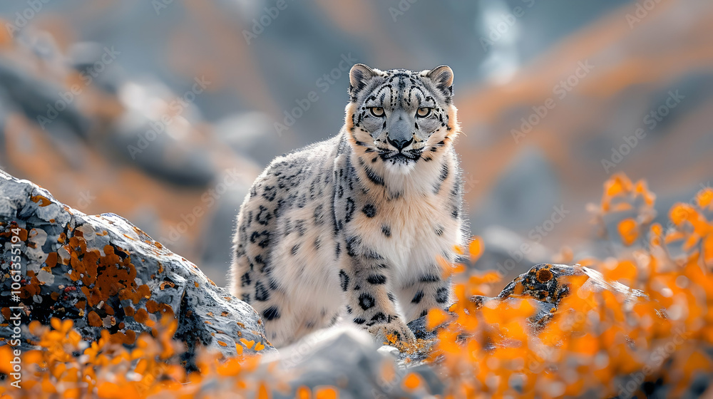 Snow Leopard Standing on a Rock with Orange Foliage - Realistic Photograph