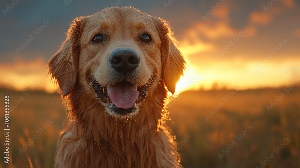 Joyful golden retriever dog with wet fur, smiling at sunset. warm light enhances dog happy expression, creating serene and uplifting atmosphere