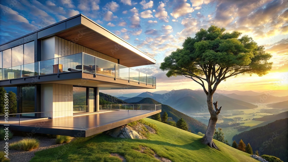 Modern architecture nestled amidst a vibrant landscape, showcasing the harmony of nature and human ingenuity, with a serene view of rolling hills and a single, majestic tree standing sentinel. Modern architecture nestled amidst a vibrant landscape, showcasing the harmony of nature and human ingenuity, with a serene view of rolling hills and a single, majestic tree standing sentinel.