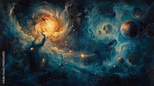 A painting of a vast nebula, filled with swirling gas and dust, illuminated by distant stars and a bright, central core.