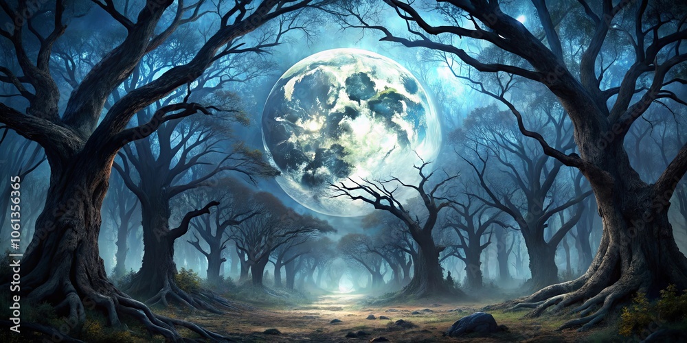 A Mystical Forest Path Under a Giant, Glowing Moon, Bathed in Moonlight ...