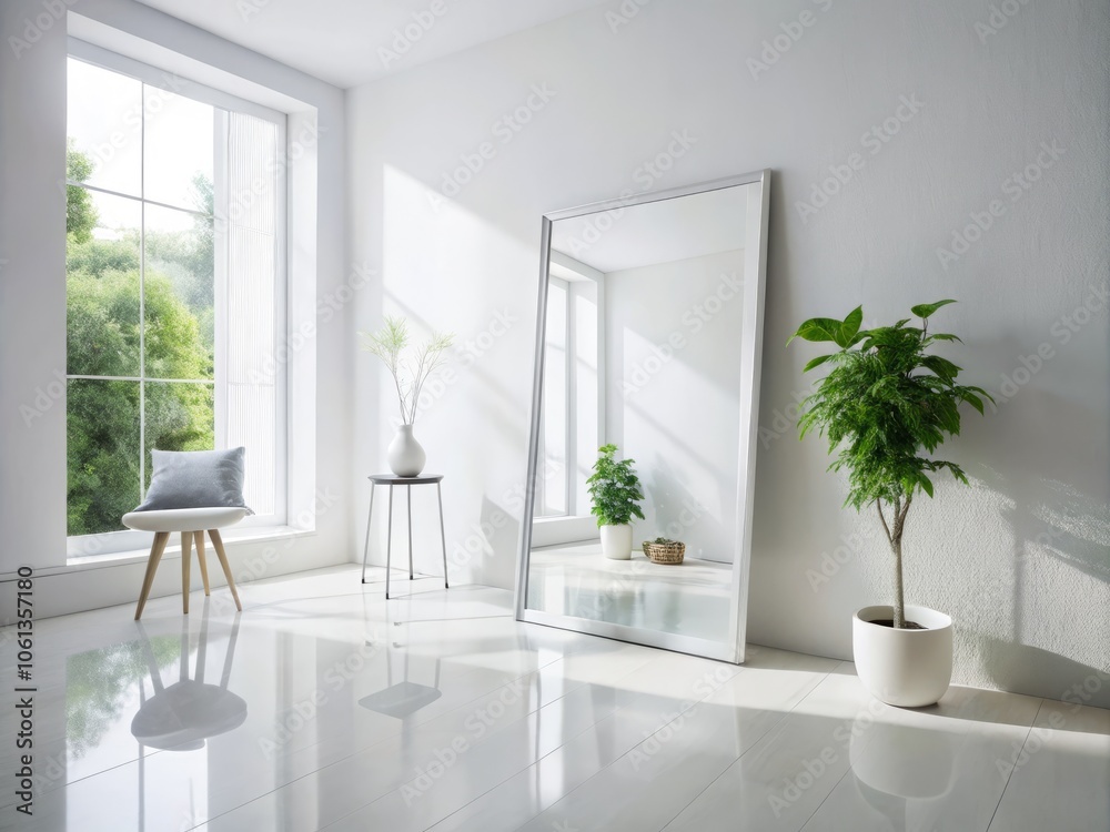 A sleek white mirror on a white wall enhances minimalist decor, perfect for contemporary homes. Elevate your interior design with modern aesthetics and simplicity. A sleek white mirror on a white wall enhances minimalist decor, perfect for contemporary homes. Elevate your interior design with modern aesthetics and simplicity.