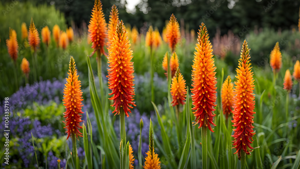 A field of orange flowers with blue flowers in the background A field of orange flowers with blue flowers in the background