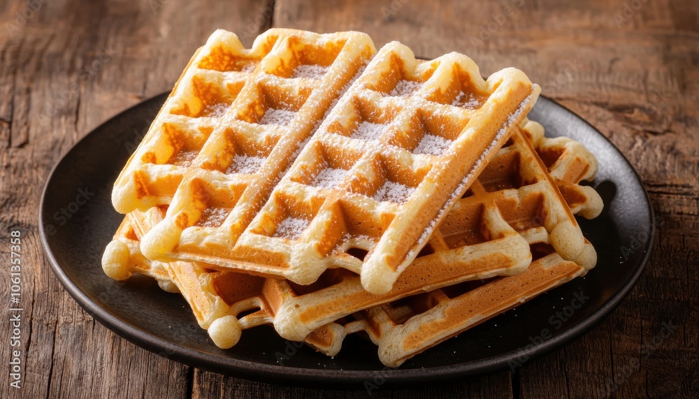 A plate of golden waffles dusted with powdered sugar, perfect for breakfast or a sweet treat. A plate of golden waffles dusted with powdered sugar, perfect for breakfast or a sweet treat.