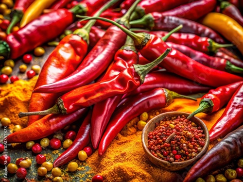 A stunning close-up of bright red chili peppers surrounded by an array of spices on a striking red background—ideal for culinary inspiration and food photography.