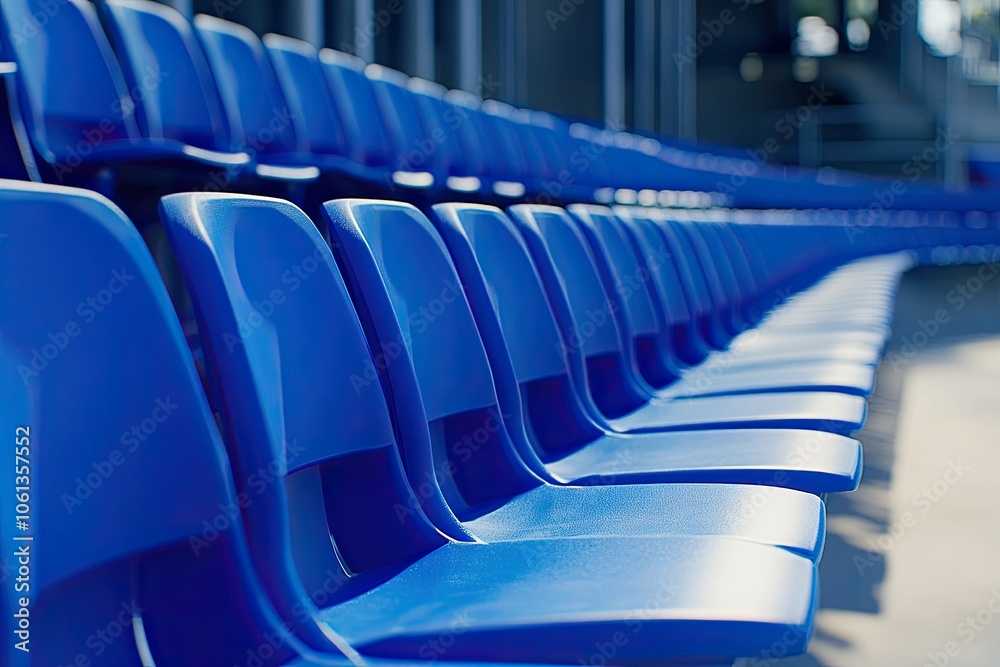 Fototapeta premium Photograph of blue seats in an outdoor stadium for spectators.