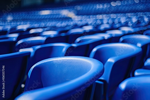 Photograph of blue seats in an outdoor stadium for spectators.