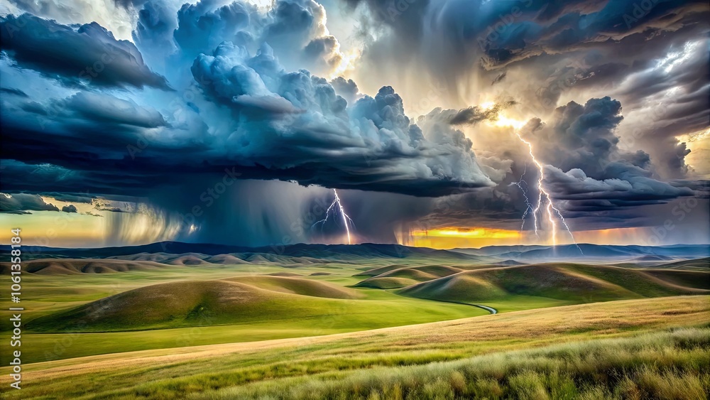 Obraz premium A Dramatic Sunset Sky Over Rolling Hills with Rain and Lightning