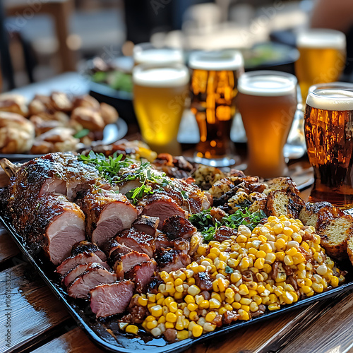 Festive Platter of Grilled Barbecue Beef, Savory Potatoes, and Colorful Vegetables Paired with Chilled Beer, Perfect for a Lively Summer Party