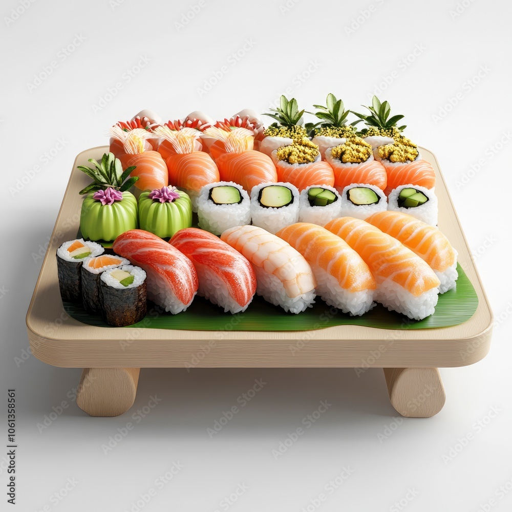 A variety of sushi rolls and nigiri on a wooden tray with green leaves, isolated on a white background. A variety of sushi rolls and nigiri on a wooden tray with green leaves, isolated on a white background.