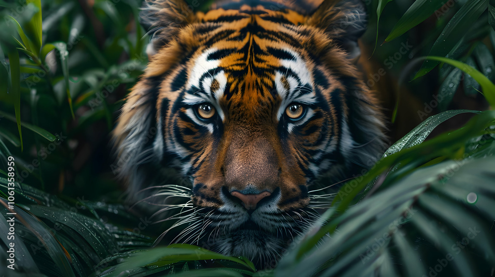 Close-up of a Tiger's Face Through Lush Green Foliage - Realistic Image Close-up of a Tiger's Face Through Lush Green Foliage - Realistic Image