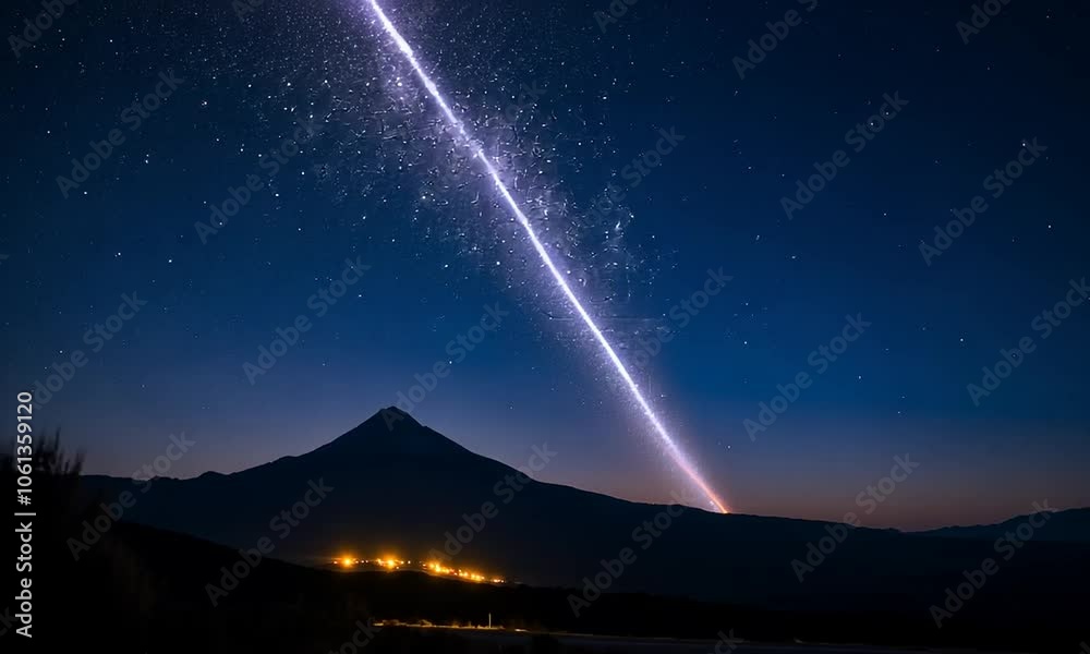 A comet streaks across a twilight sky over a mountain landscape. A comet streaks across a twilight sky over a mountain landscape.
