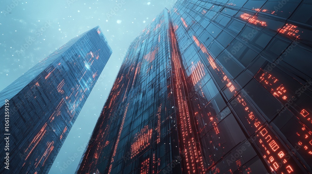 Obraz premium Towering Skyscrapers Reflecting Vibrant Lights in the City