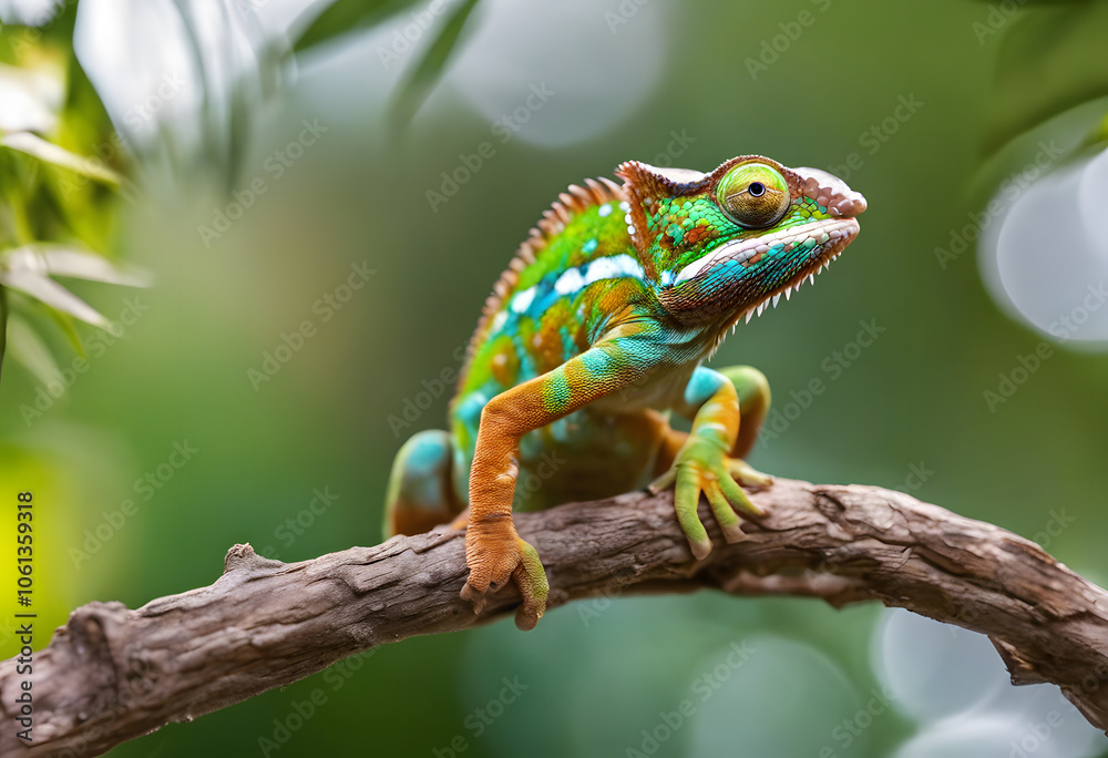 A colorful chameleon perched on a branch with a blurred background. A colorful chameleon perched on a branch with a blurred background.