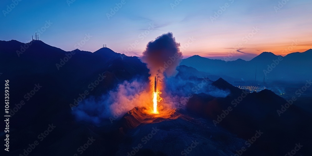 Fototapeta premium Rocket Launch at Dusk from Chinese Mountain Base, Drone View
