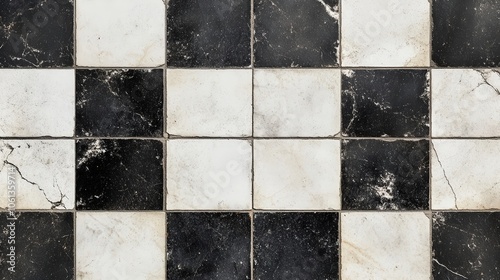 Worn black and white checkerboard tile pattern texture
