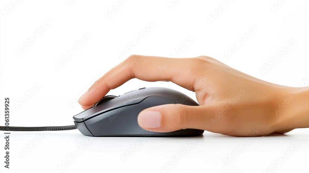 Hand Using a Black Wired Computer Mouse Hand Using a Black Wired Computer Mouse