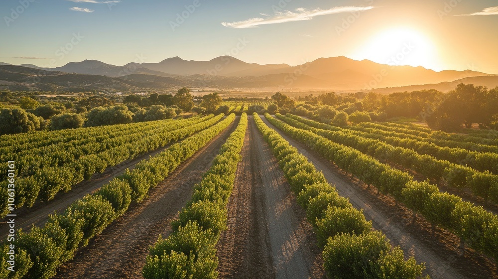 Fototapeta premium Aerial view of a lush orchard with rows of trees leading to a mountain range in the distance, bathed in the warm glow of the setting sun.