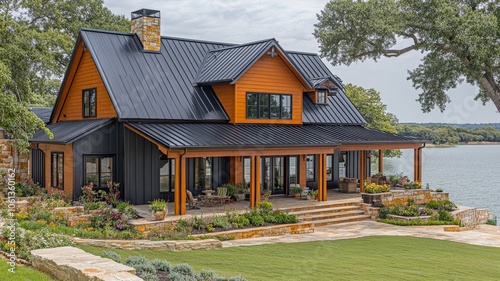 A barndominium home with black roof and black siding at lakeside