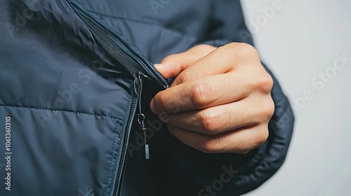 Close-up of a hand pulling the zipper of a dark blue jacket