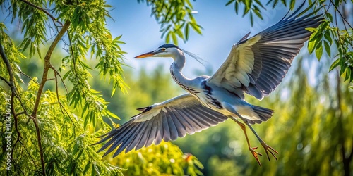 Grey Heron Preparing for Takeoff in Minimalist Habitat Among Tree Branches on a Sunny Summer Day in Wroclaw, Poland - Nature Photography, Wildlife, Birds, Summer, Trees