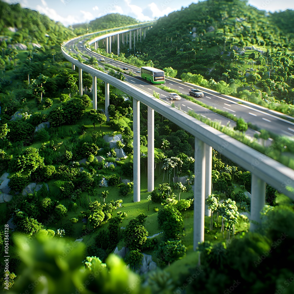 Fototapeta premium Elevated Highway Through Lush Green Forest.