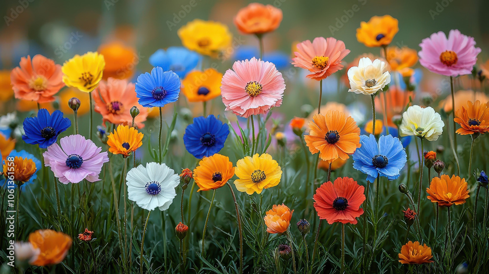 Obraz premium Vibrant wildflowers in meadow during golden hour, showcasing variety of colors including orange, blue, and white, creating cheerful and lively atmosphere