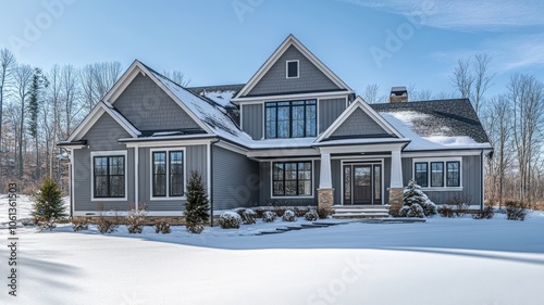 A beautiful grey farmhouse home in snow