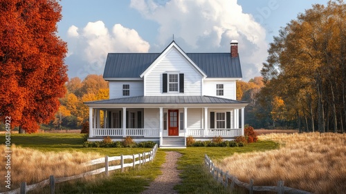 A beautiful white farmhouse home, iconic american charming frivolity