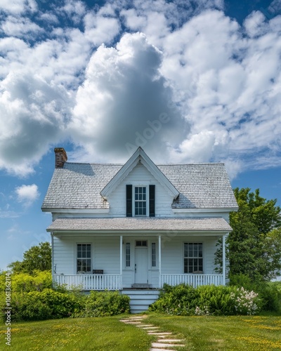 A beautiful white farmhouse home, iconic american charming frivolity