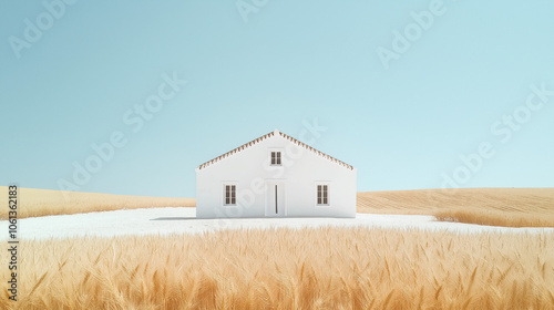 white house on the beach, white house in the middle of a wheat fields around, open landscape, surrounded by wide fields, peaceful