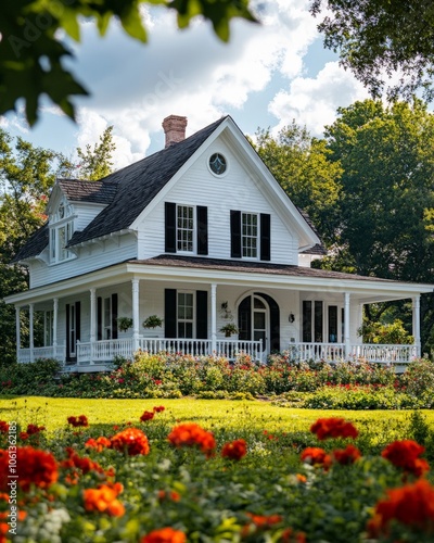 A beautiful white farmhouse home, iconic american charming frivolity