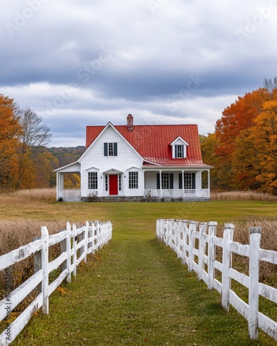 A beautiful white farmhouse home, iconic american charming frivolity