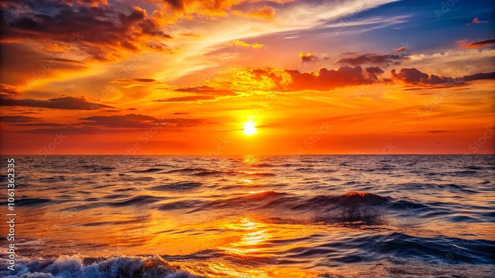Obraz premium Breathtaking Sunset at Sea with Vibrant Orange Sky, Tranquil Water, Calm Waves, Scenic Horizon, Natural Beauty, Serene Atmosphere, Ideal for Relaxation and Inspiration