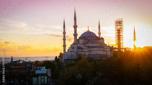 The Blue Mosque or Sultan Ahmet Mosque of Istanbul, Sunlight scene view, Turkey