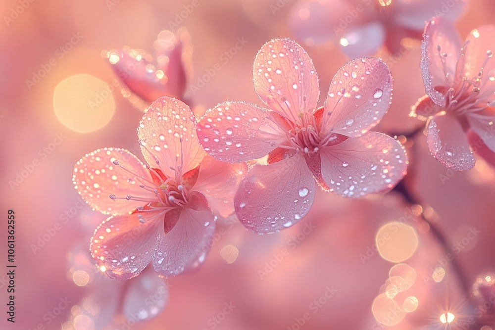 Close-up image of delicate pink flowers with dew drops and soft bokeh. Close-up image of delicate pink flowers with dew drops and soft bokeh.