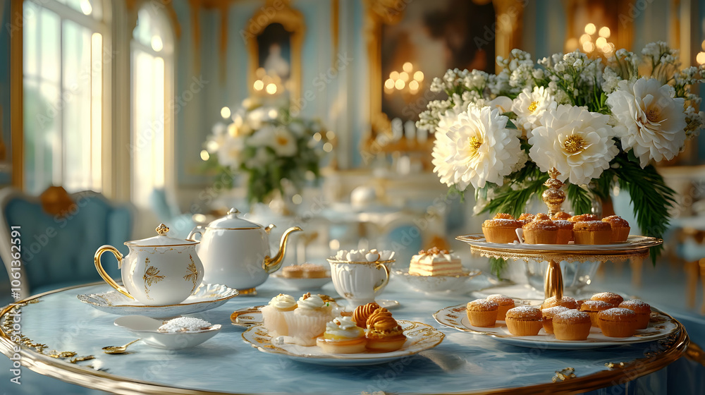 Elegant Tea Party Table Setting with White Flowers and Delicate Desserts - Realistic Image Elegant Tea Party Table Setting with White Flowers and Delicate Desserts - Realistic Image