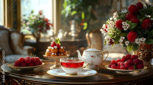 Elegant Tea Time With Raspberries and Cakes, 3D Illustration