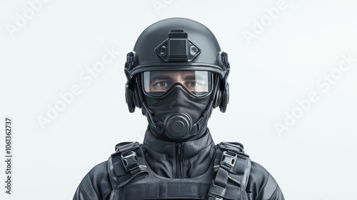Soldier in tactical gear with helmet and mask, white isolated background